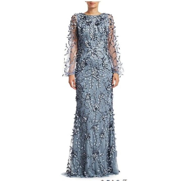 Theia $1295 Floral Mesh Long-Sleeve Gown Blue Formal Evening Dress Size 4 NWT - Picture 1 of 10